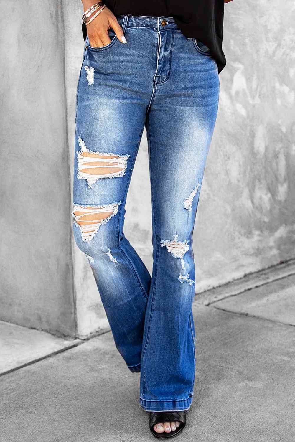 Baeful Distressed Flare Leg Jeans with Pockets