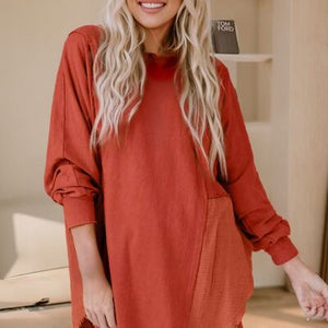 Contrast Texture Round Neck Long Sleeve Blouse
