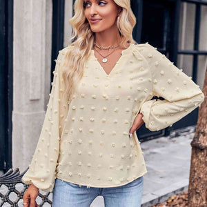 Swiss Dot Notched Neck Long Sleeve Blouse