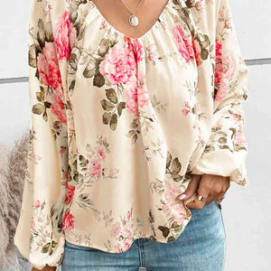 Floral V-Neck Balloon Sleeve Blouse