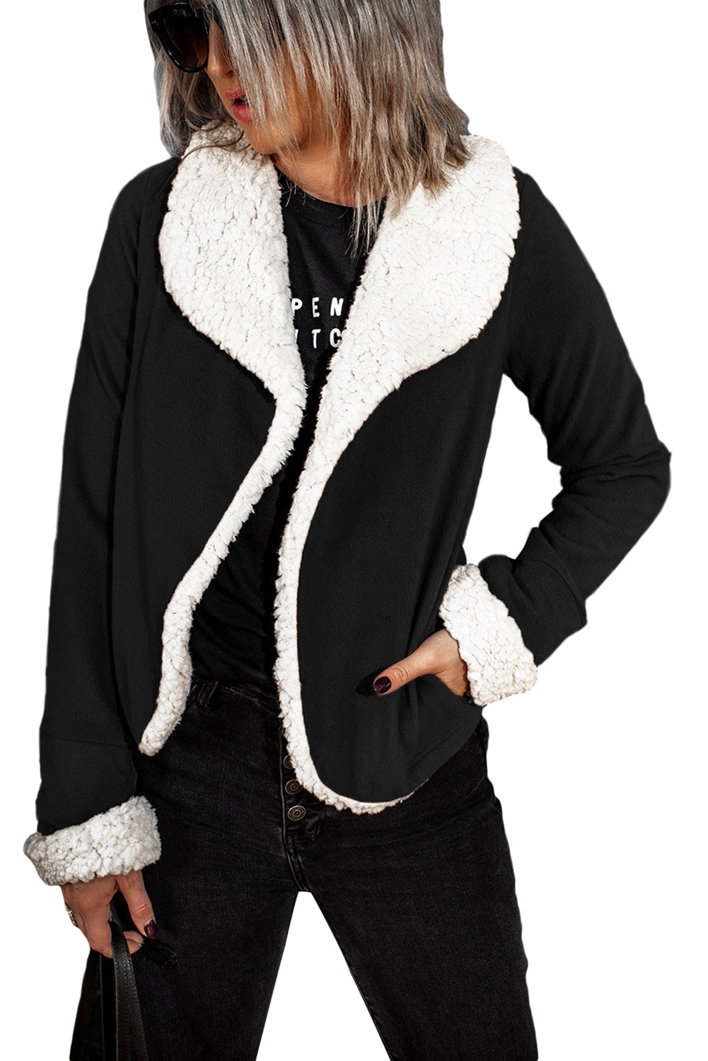 Lapel Collar Fleece Open Front Coat