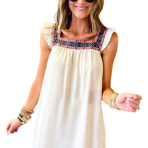 Beige Frill Embroidered Square Neck Shift Dress