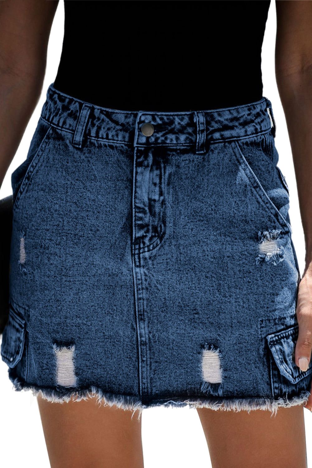 High Waist Distressed Denim Mini Skirt with Pocket