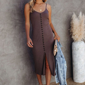 Brown Buttoned Ribbed Knit Sleeveless Midi Dress with Slit