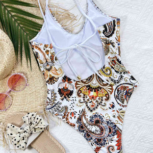 Printed Tie Back Scoop Neck One-Piece Swimsuit