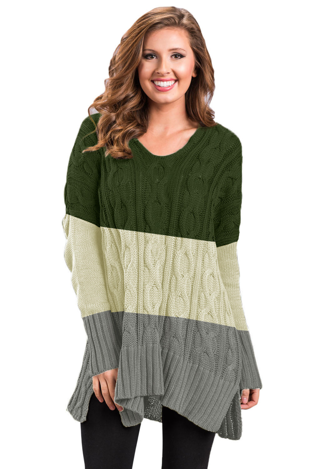 Colorblock Cable Knit Sweater with Slits