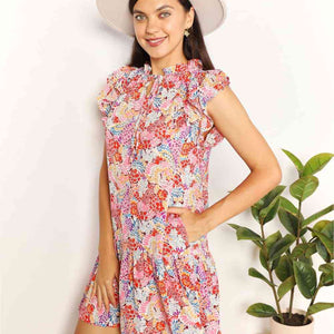 Double Take Floral Tie Neck Cap Sleeve Dress