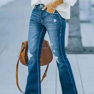 Buttoned Distressed Wide Leg Jeans
