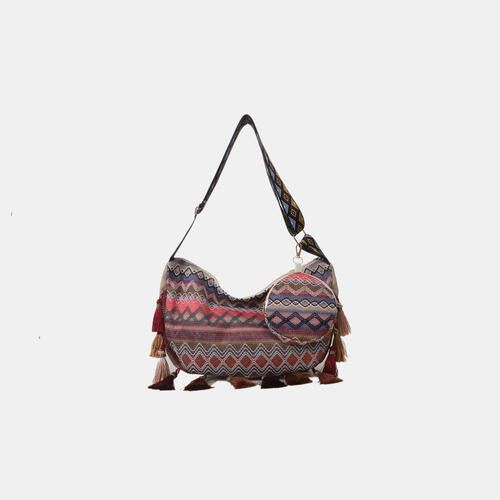 Printed Tassel Detail Crossbody Bag with Small Purse