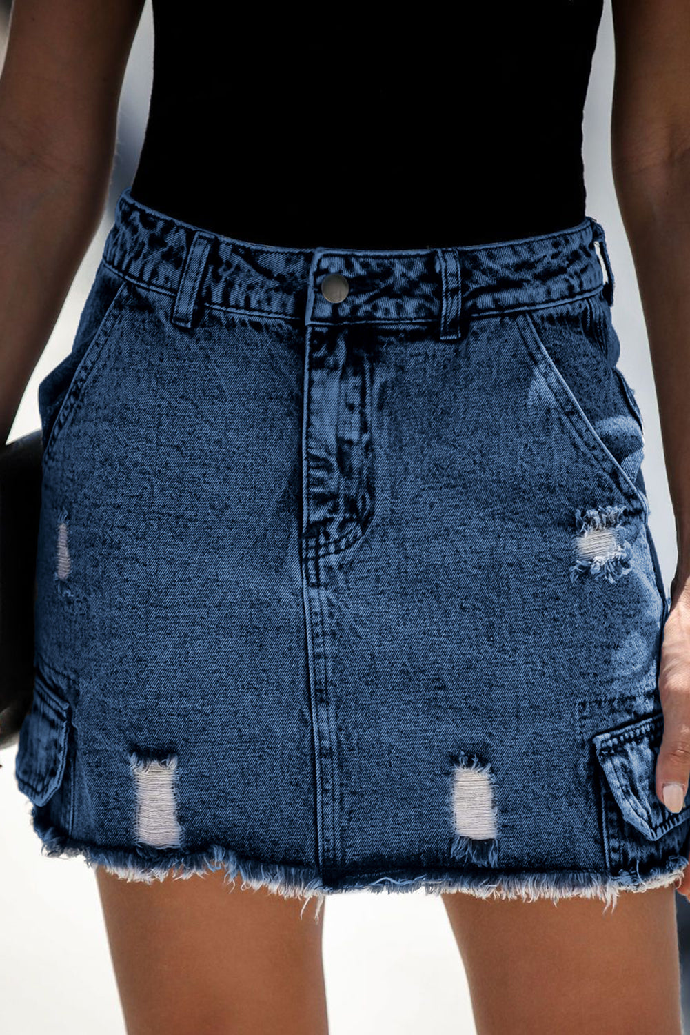 High Waist Distressed Denim Mini Skirt with Pocket