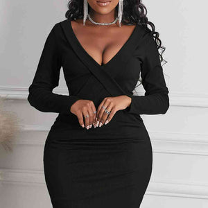 Long Sleeve Plunge Ribbed Bodycon Dress