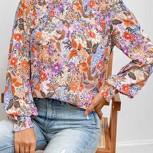 Multicolour Floral Print Sleeve Frilled Round Neck Blouse