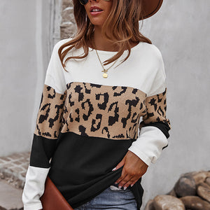Leopard Color Block Drop Shoulder Knit Sweater