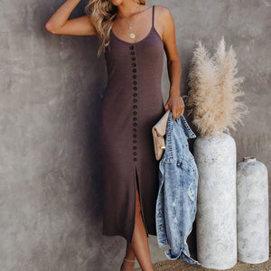 Brown Buttoned Ribbed Knit Sleeveless Midi Dress with Slit