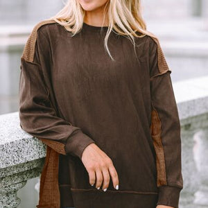 Ribbed Exposed Seam Dropped Shoulder Blouse