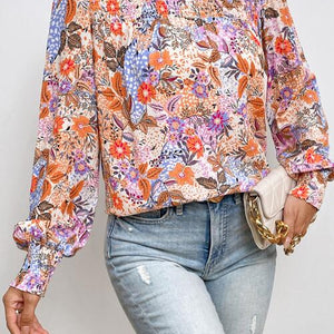 Multicolour Floral Print Sleeve Frilled Round Neck Blouse