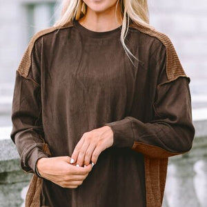 Ribbed Exposed Seam Dropped Shoulder Blouse