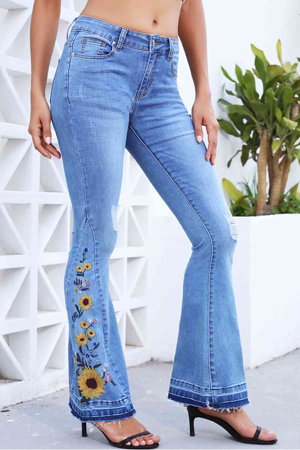 Full Size Flower Embroidery Distressed Wide Leg Jeans