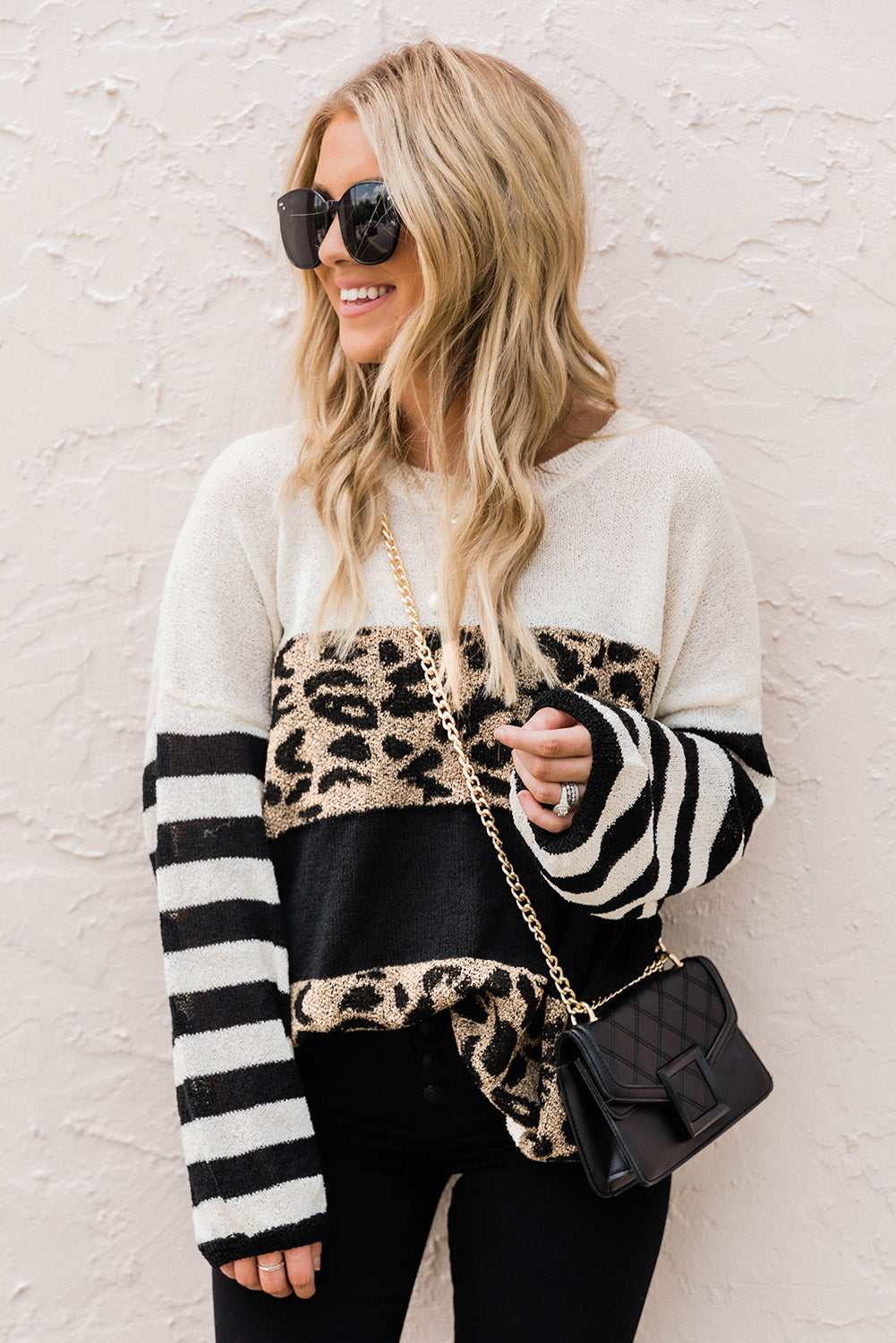 Slouchy Drop-shoulder Leopard Striped Colorblock Sweater