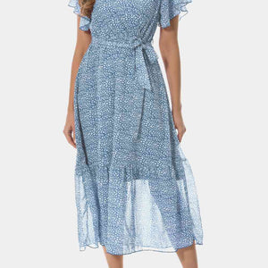 Surplice Neck Flutter Sleeve Tied Dress