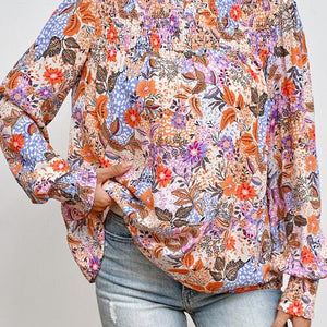 Multicolour Floral Print Sleeve Frilled Round Neck Blouse