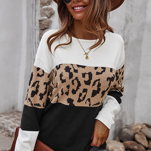 Leopard Color Block Drop Shoulder Knit Sweater