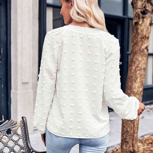 Swiss Dot Notched Neck Long Sleeve Blouse