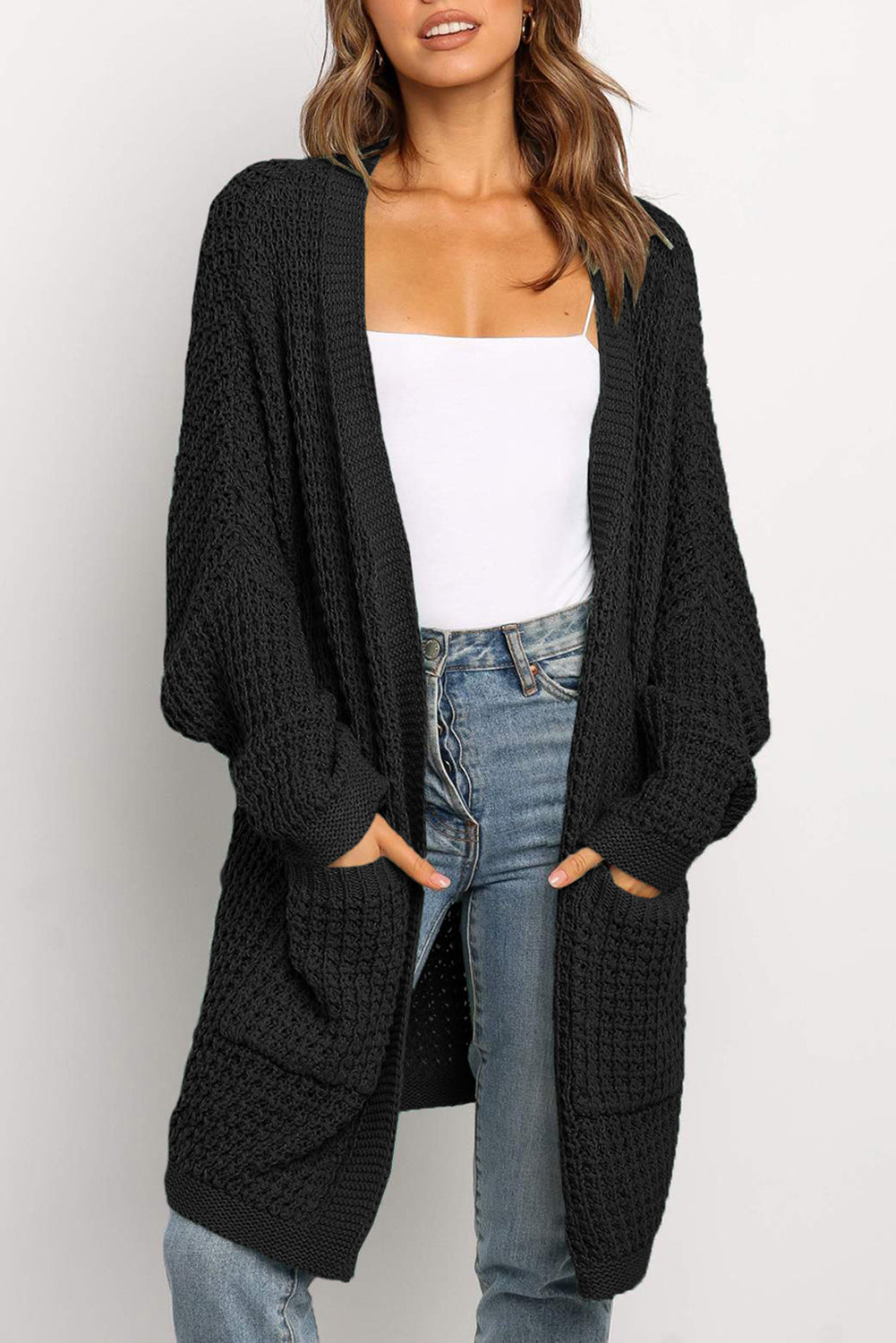Beige Long Line Open Front Knitted Cardigan with Pockets