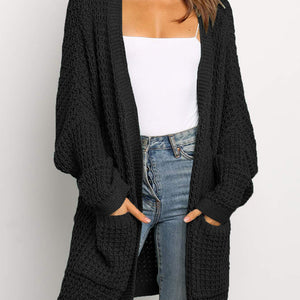 Beige Long Line Open Front Knitted Cardigan with Pockets