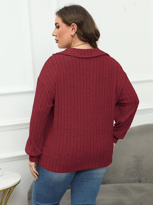 Plus Size Ribbed Collared Neck Long Sleeve Blouse