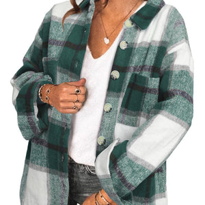 Khaki Plaid Color Block Buttoned Long Sleeve Jacket with Pocket
