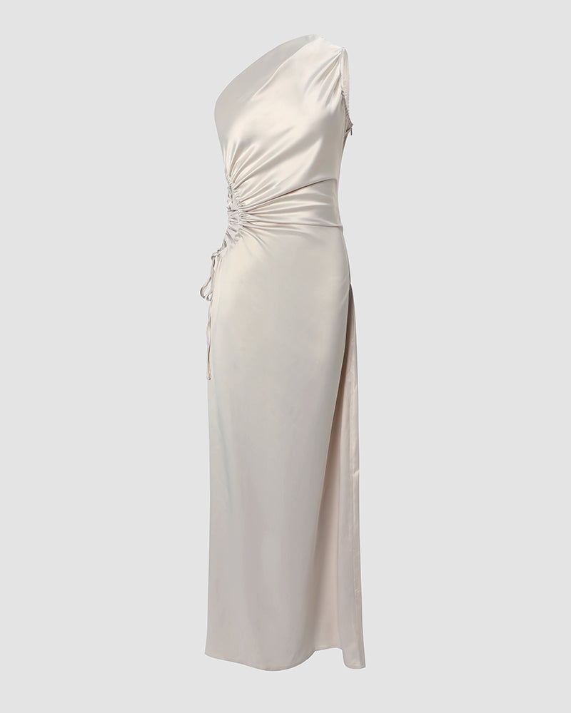 One Shoulder Drawstring Cutout High Slit Prom Dress