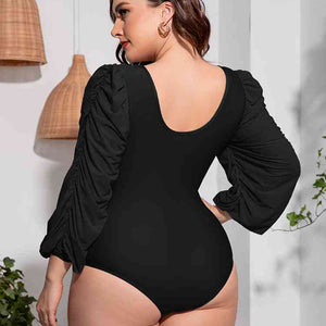 Plus Size Tied Deep V Balloon Sleeve One-Piece Swimsuit