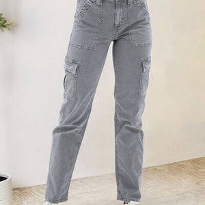 Buttoned Straight Jeans with Cargo Pockets
