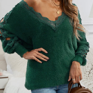 Lace Splicing V Neck Pullover Sweater
