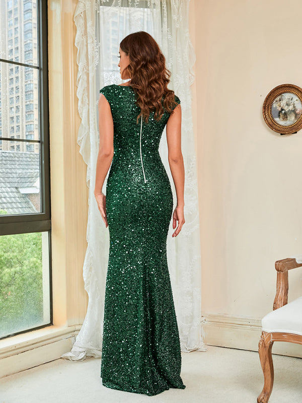 Woman'S Sequin Temperament Green Sling Mid Waist Party Long Floor Dress