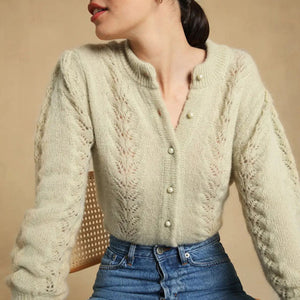 Women’s Crew Neck Peal Front Buttons Puff Sleeve Sweater