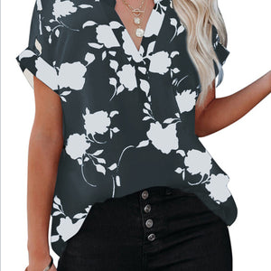 Women's New Floral Print Casual V-Neck Short Sleeve Shirt