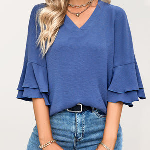 Women's Solid Color Ruffle Sleeve V-neck Blouse