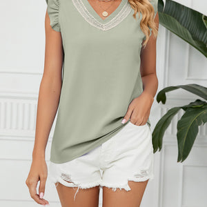 Women's Woven Lace V-Neck Short Sleeve Loose Chiffon Top