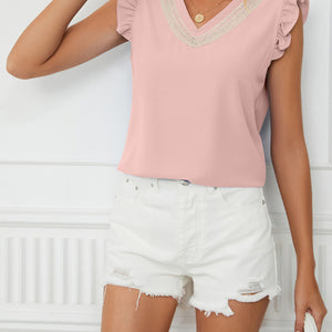 Women's Woven Lace V-Neck Short Sleeve Loose Chiffon Top