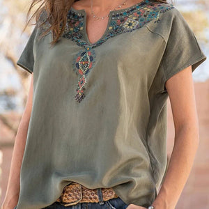 Women's Woven Western Ethnic Style Loose Short Sleeve Top