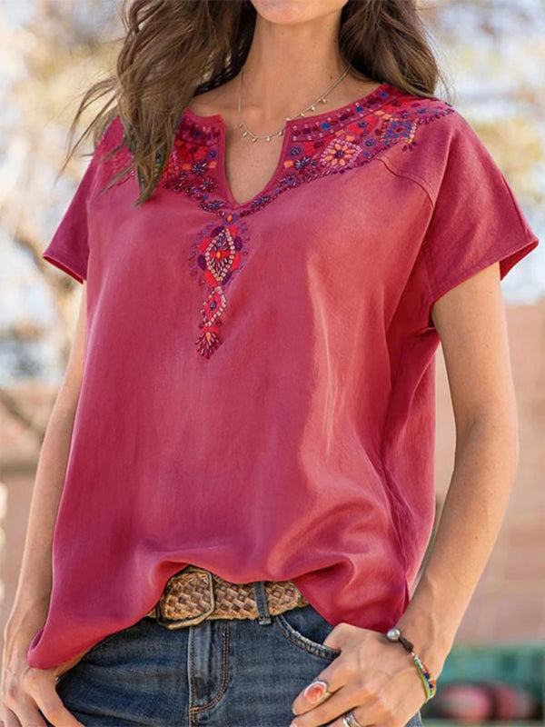 Women's Woven Western Ethnic Style Loose Short Sleeve Top