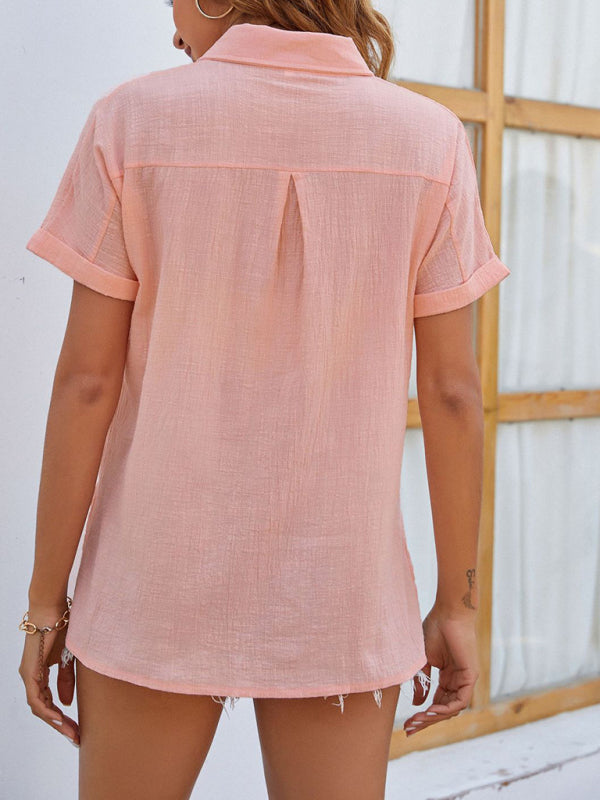 Women's Solid Color Short Sleeve Linen Button-up Shirt