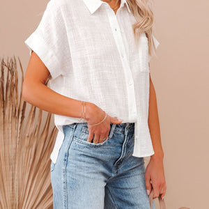 Women's Solid Color Short Sleeve Linen Button-up Shirt