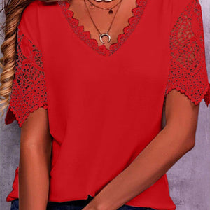 Women's Lace Trim Stitching Loose V Neck Short Sleeve Top