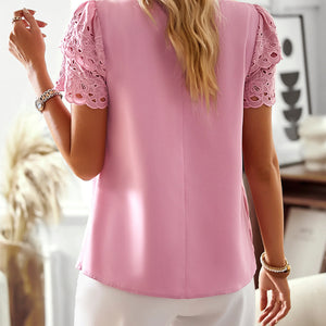 Women's Solid Color Layer Flutter Sleeve Key-hole Cutout Top