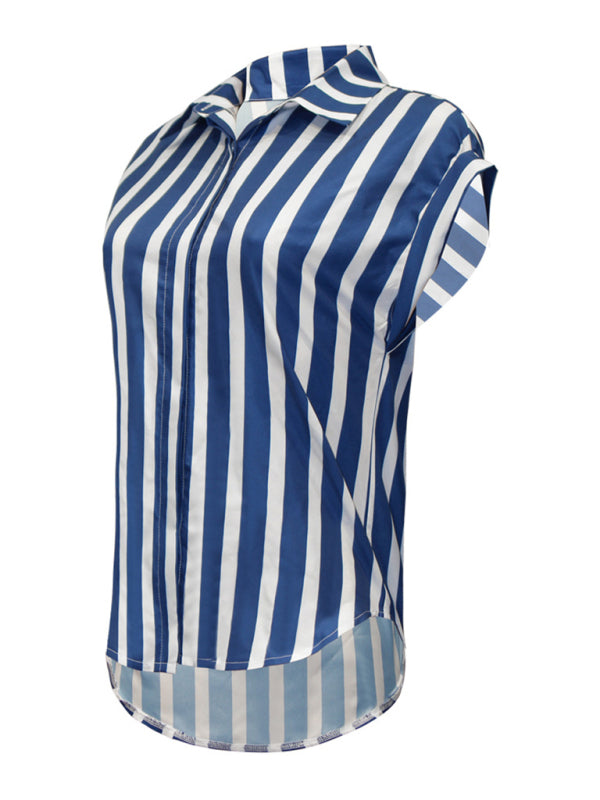 Women's Woven OL Casual Style Striped Button Down Lapel Short Sleeve Shirt