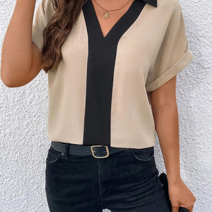 Women's Contrasting Color V-Neck Raglan Sleeve Lapel Loose Top