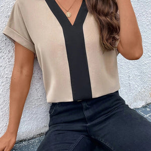 Women's Contrasting Color V-Neck Raglan Sleeve Lapel Loose Top